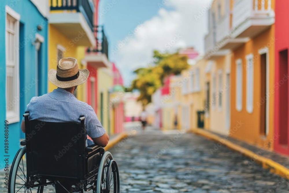 Obraz premium Discovery of Puerto Rico Day Exploring Old San Juans Historic Streets in a Wheelchair - Perfect for Celebrating Inclusivity