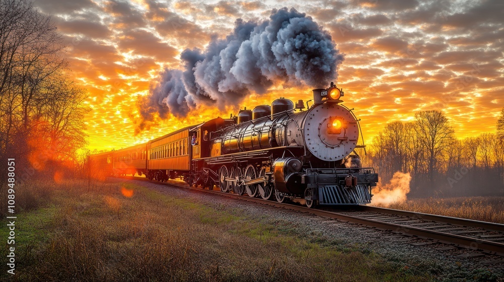 Obraz premium Majestic steam train at sunrise.