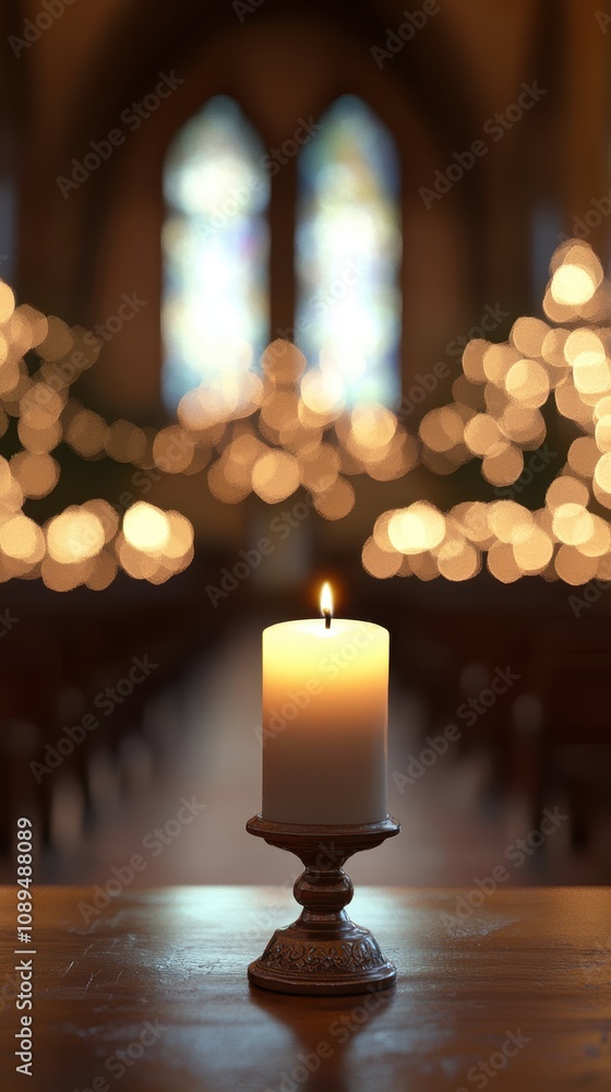 Warm glow from the candle lamp complements the tranquil ambiance of the softly lit church interior Warm glow from the candle lamp complements the tranquil ambiance of the softly lit church interior