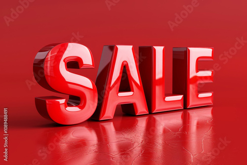 Glossy red 3D "sale" lettering on a matching red background with subtle texture, creating a striking promotional design