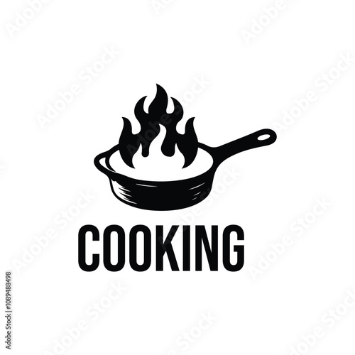 frying pan with fire flame retro design for Culinary school, food studio. Vector illustration
