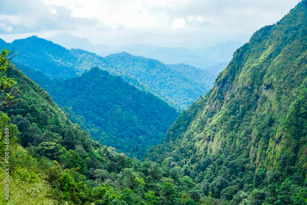Naklejka premium Exploring majestic mountain views lush valleys nature photography serene landscape aerial perspective adventure travel