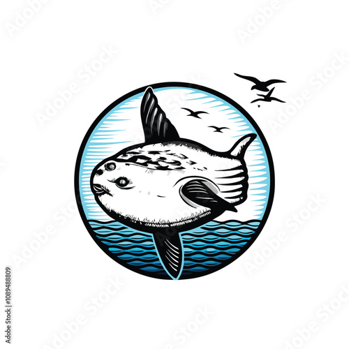 Create a vibrant vector illustration of a Mola mola sunfish, showcasing its unique body shape and skin texture.  Include detailed fin and eye representation.