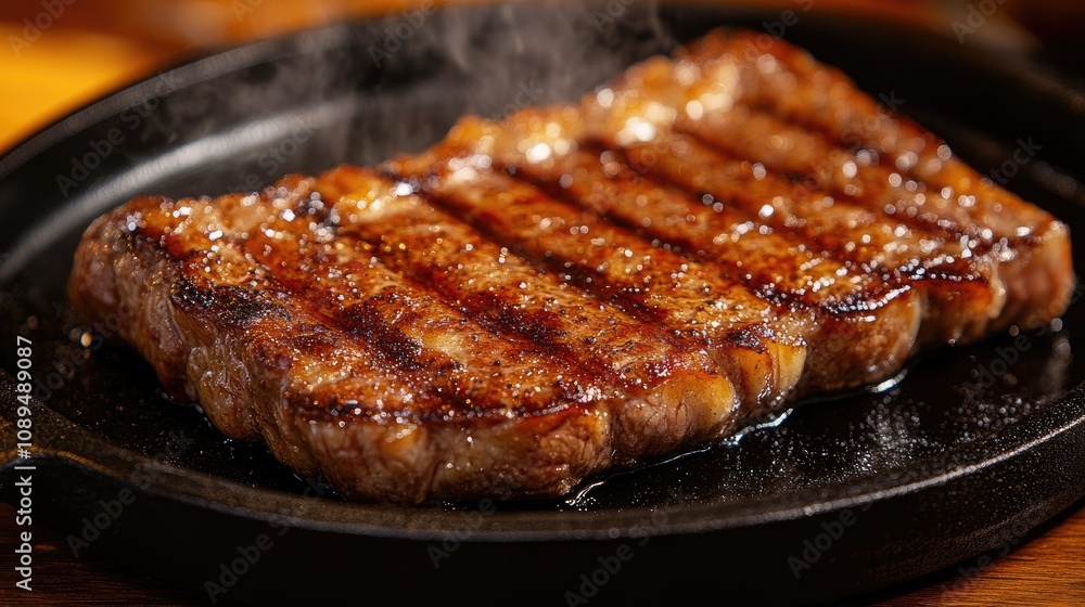 Sizzling Grilled Steak on Cast Iron Pan with Mouthwatering Juices and Perfect Grill Marks for Culinary and Food Photography Sizzling Grilled Steak on Cast Iron Pan with Mouthwatering Juices and Perfect Grill Marks for Culinary and Food Photography