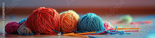 A jumbled ball of yarn spilling onto the floor, along with a few lost needles.