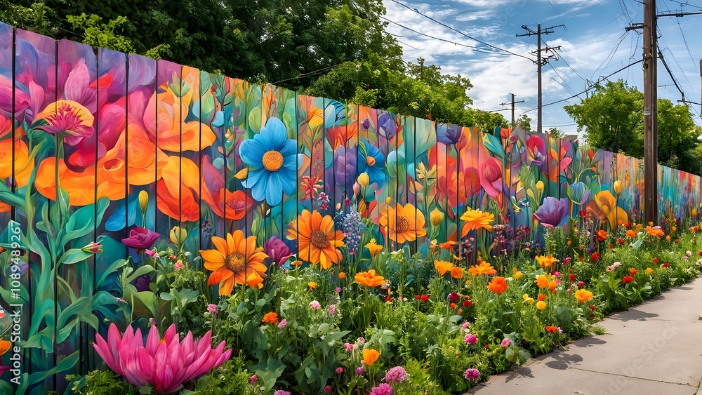 Fototapeta premium A colorful mural fence with street art set in an urban community garden filled with vibrant flower, Ai Generated