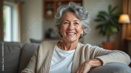 Woman about 50 years old is sitting on the couch and smiling.