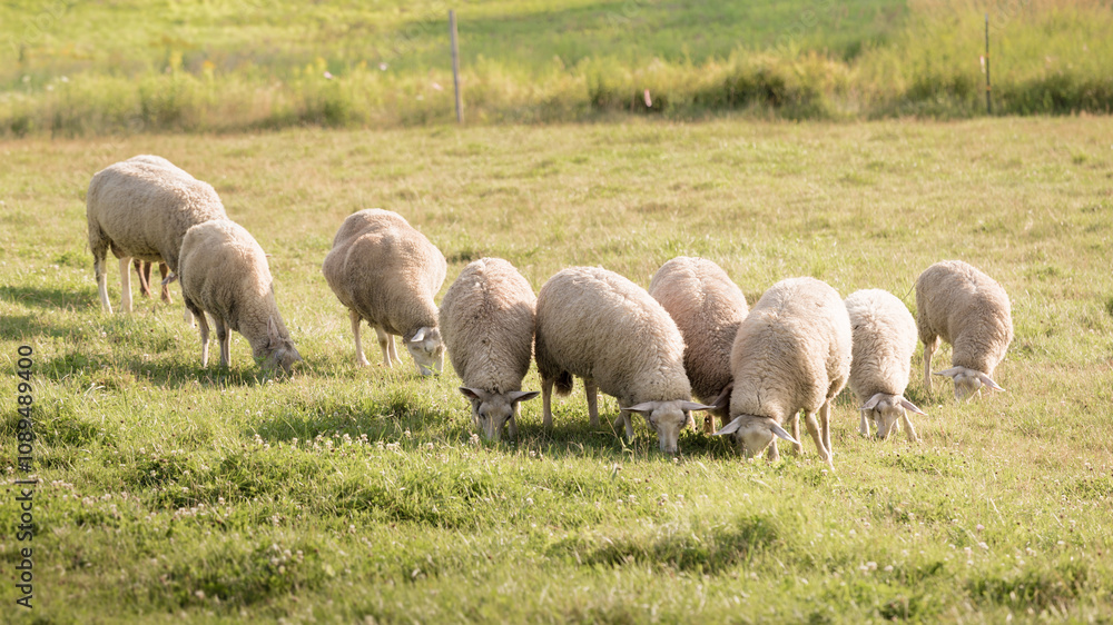 Fototapeta premium Flock of Farm Livestock Sheep Grazing on Grass Meadow
