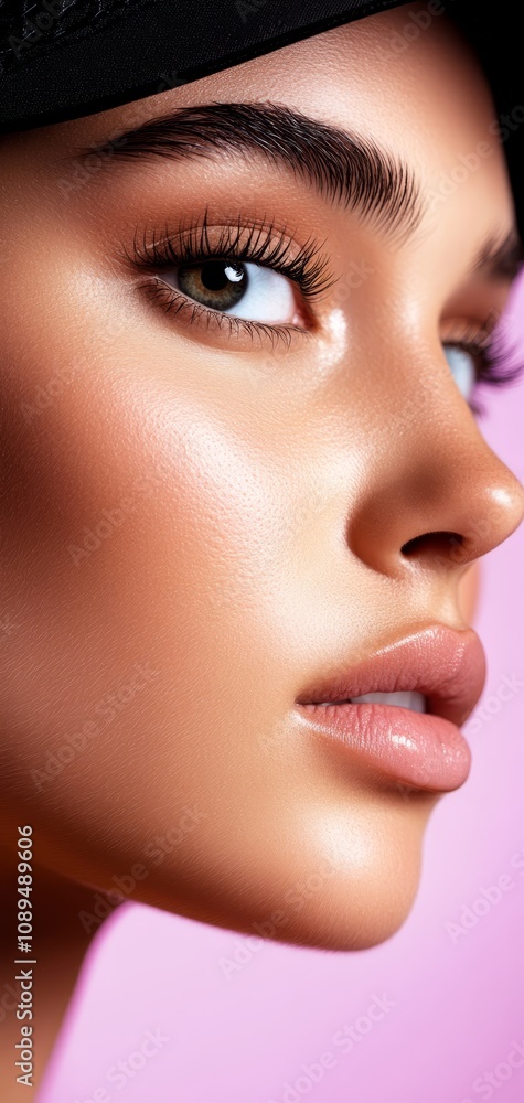 a woman with long eyelashes wearing a black hat, set against a pink background She appears to be in a beauty salon, as indicated by the text at the bottom of the image a woman with long eyelashes wearing a black hat, set against a pink background She appears to be in a beauty salon, as indicated by the text at the bottom of the image