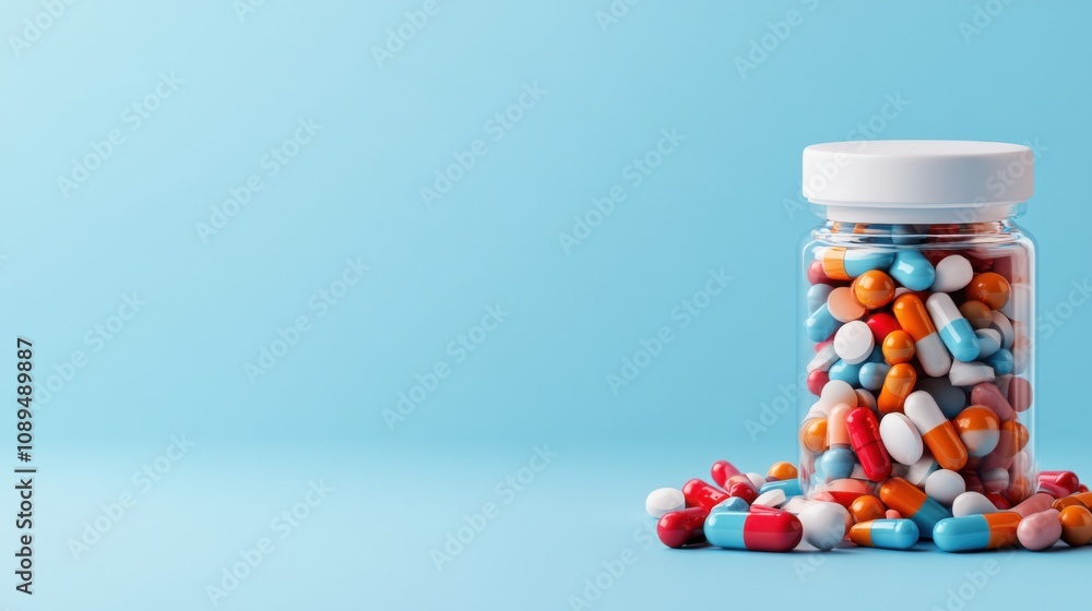 Colorful Capsules and Pills in Clear Jar on Blue Background Colorful Capsules and Pills in Clear Jar on Blue Background