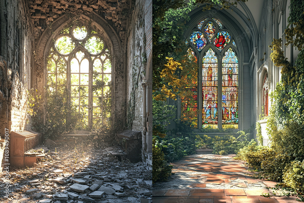 Church before and after restoration with stained glass and natural lighting Church before and after restoration with stained glass and natural lighting