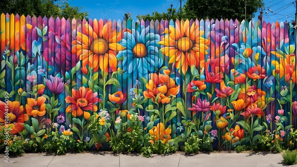 A colorful mural fence with street art set in an urban community garden filled with vibrant flower, Ai Generated A colorful mural fence with street art set in an urban community garden filled with vibrant flower, Ai Generated