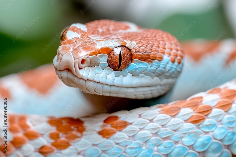 a close up of a corn snake with its mouth open, its scales glistening in the light The background is slightly blurred, emphasizing the focus on the snake a close up of a corn snake with its mouth open, its scales glistening in the light The background is slightly blurred, emphasizing the focus on the snake
