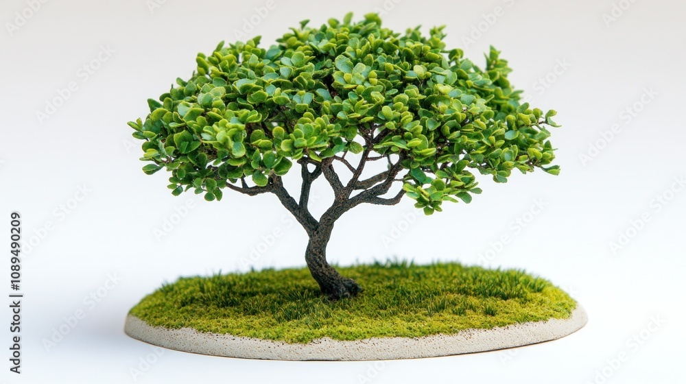 Miniature bonsai tree on a circular base with green grass. Miniature bonsai tree on a circular base with green grass.