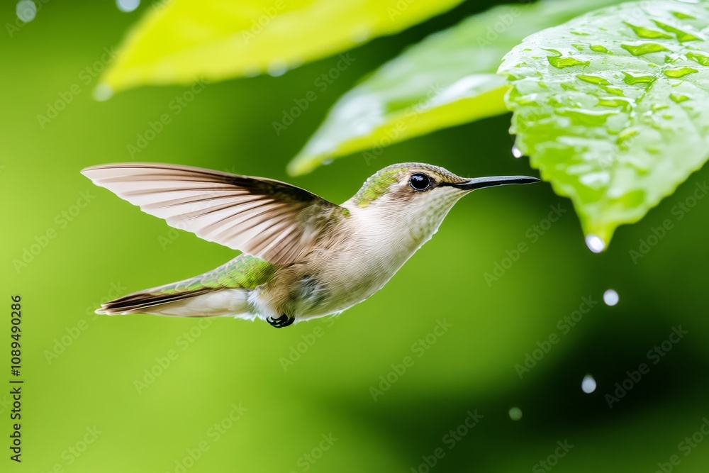 Naklejka premium a hummingbird flying through the air with its wings spread, surrounded by lush green leaves and water droplets glistening in the sunlight