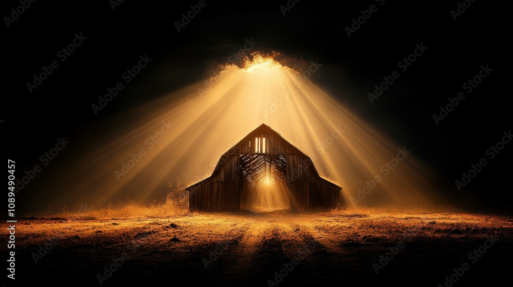 Stunning Rustic Barn Illuminated by Ethereal Light Beams Creating a Dramatic Landscape Atmosphere Stunning Rustic Barn Illuminated by Ethereal Light Beams Creating a Dramatic Landscape Atmosphere