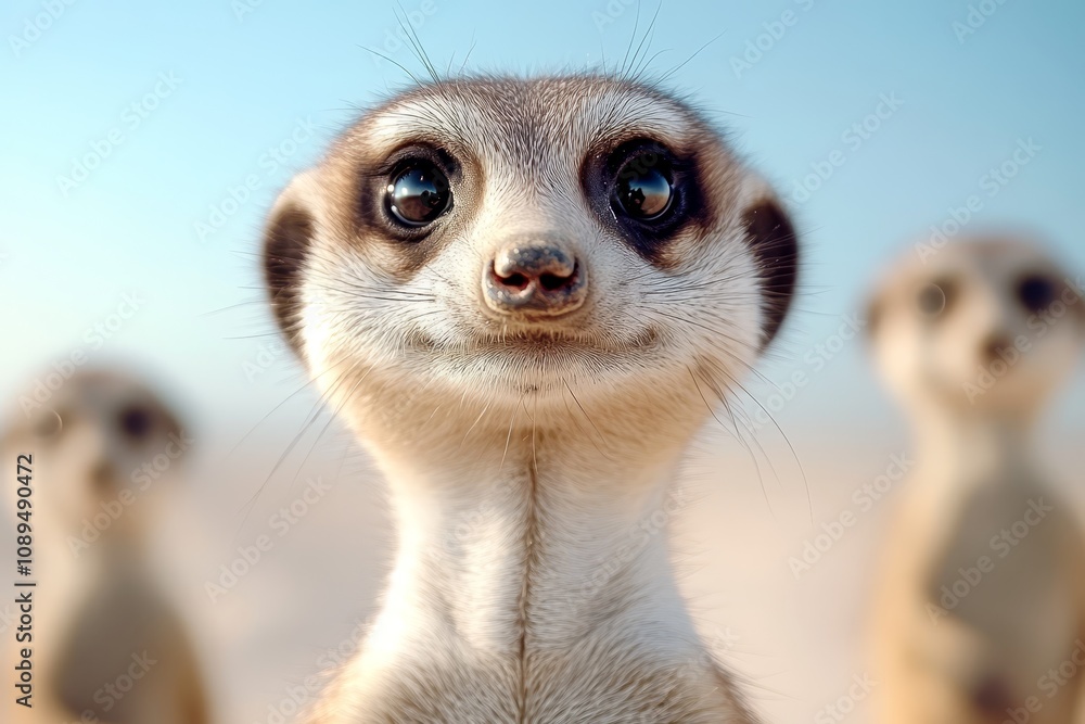 Fototapeta premium a meerkat looking at the camera with three other meerkats in the background, all of which are slightly blurred