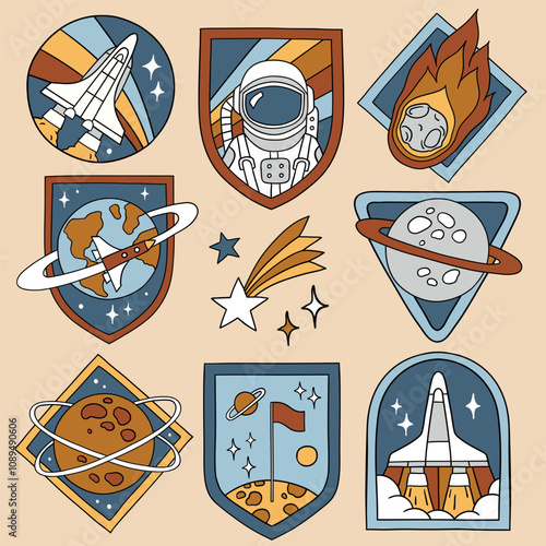Set of vector space patches. Hand drawn vintage spacecraft badges. Perfect for tee shirt logo, greeting card, poster or nursery print design. EPS 10 vector file.