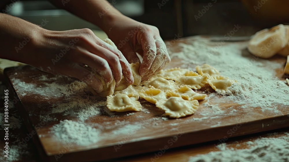 Close-up of hands preparing ravioli pasta, with flour dusted on a wooden board and hand-shaped dumplings being formed from the dough in the background. Close-up of hands preparing ravioli pasta, with flour dusted on a wooden board and hand-shaped dumplings being formed from the dough in the background.