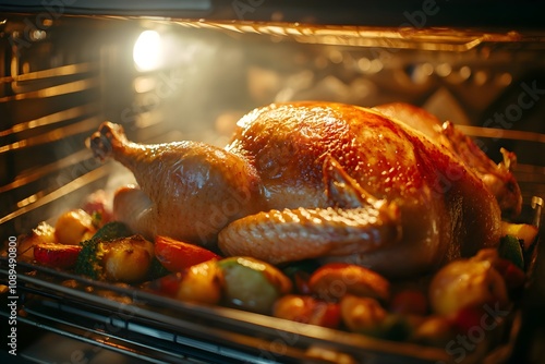 Close-up view of a perfectly roasted golden-brown turkey in an oven, juices glistening, surrounded by caramelized vegetables, with a warm glow from the oven light photo