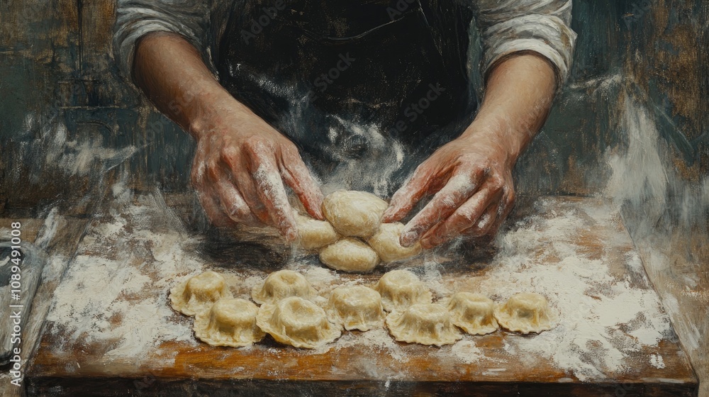 A person making ravioli on a wooden board with a flour-dusted tabletop, a close-up shot of hands and dough being made into small dumplings A person making ravioli on a wooden board with a flour-dusted tabletop, a close-up shot of hands and dough being made into small dumplings