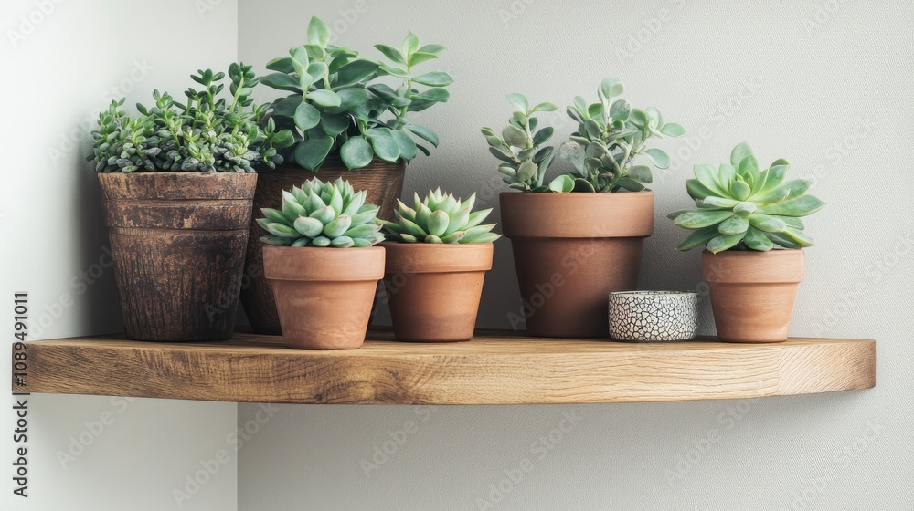 Fototapeta premium Collection of Various Succulent Plants in Different Terracotta and Wood Pots Arranged on a Minimalist Wooden Shelf Against a Soft Neutral Background