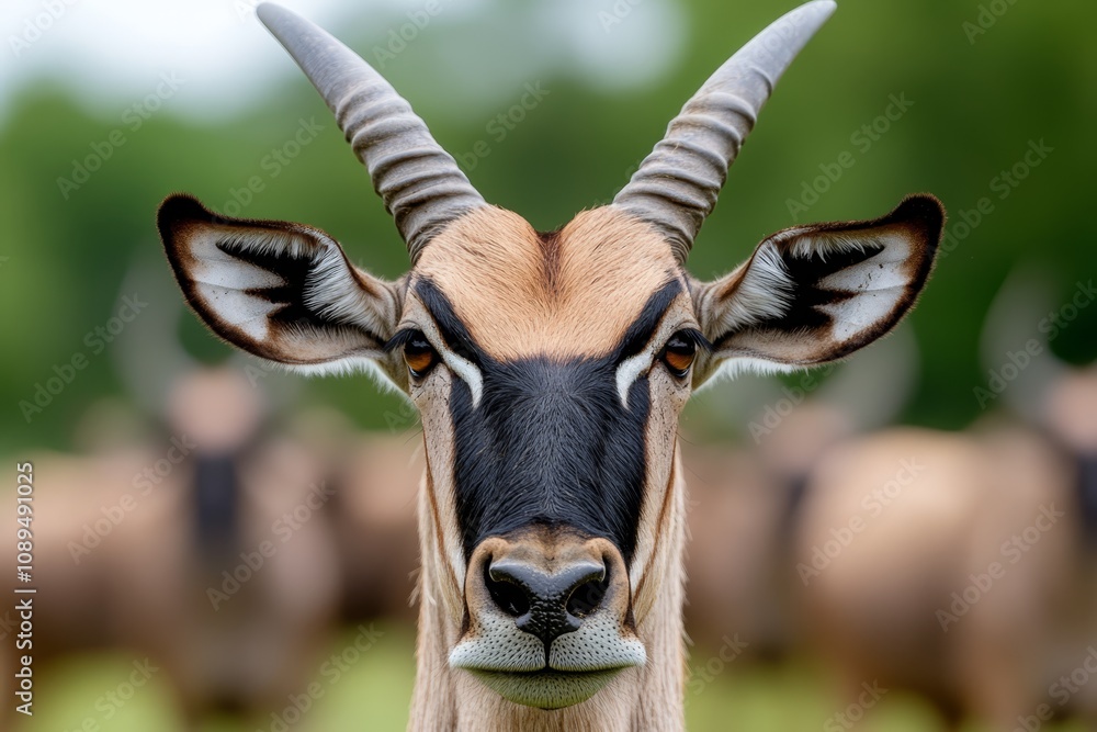 Fototapeta premium a close up of an antelope with long horns standing in a field surrounded by other animals in the background, which is slightly blurred