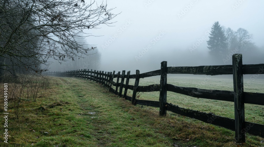 Misty Morning Walk Along a Rustic Fence in a Serene Landscape Misty Morning Walk Along a Rustic Fence in a Serene Landscape