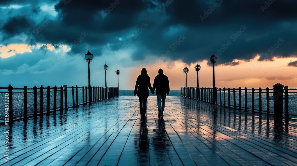 Romantic Silhouette of Couple Walking Hand in Hand on a Rainy Pier at Dusk with Dramatic Clouds and Soft Reflections in Calm Water Romantic Silhouette of Couple Walking Hand in Hand on a Rainy Pier at Dusk with Dramatic Clouds and Soft Reflections in Calm Water