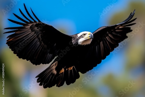 Wallpaper Mural  a majestic bald eagle soaring through the sky with its wings spread wide, its white head and tail feathers standing out against the blurred background Torontodigital.ca