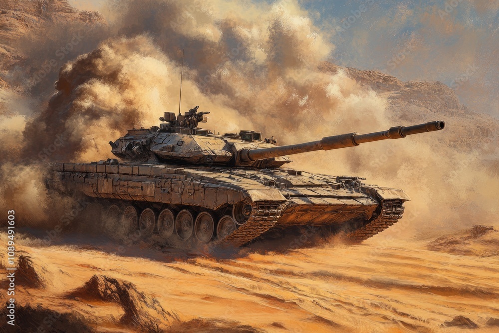 Naklejka premium A powerful main battle tank in the desert, with smoke billowing from its barrel and wheels skillfully turning as it rides on an arid ground