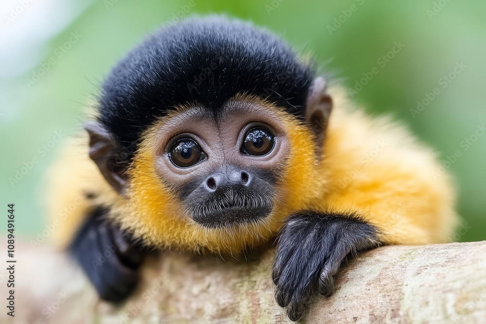 a black and yellow monkey sitting on top of a tree branch with a blurred background The monkey has a black face, yellow cheeks, and a black tail Its eyes are wide a black and yellow monkey sitting on top of a tree branch with a blurred background The monkey has a black face, yellow cheeks, and a black tail Its eyes are wide
