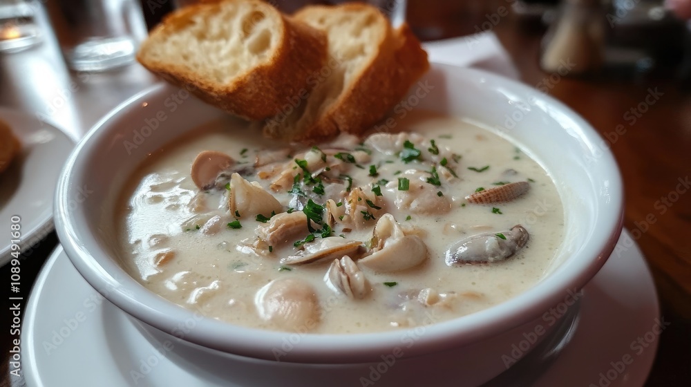 Creamy Clam Chowder Served in White Bowl with Fresh Clams, Chopped Chives, and Slices of Toast on Wooden Table in Cozy Restaurant Setting Creamy Clam Chowder Served in White Bowl with Fresh Clams, Chopped Chives, and Slices of Toast on Wooden Table in Cozy Restaurant Setting