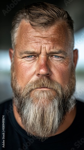  a man with a long beard wearing a black t-shirt, looking directly at the camera with a blurred background