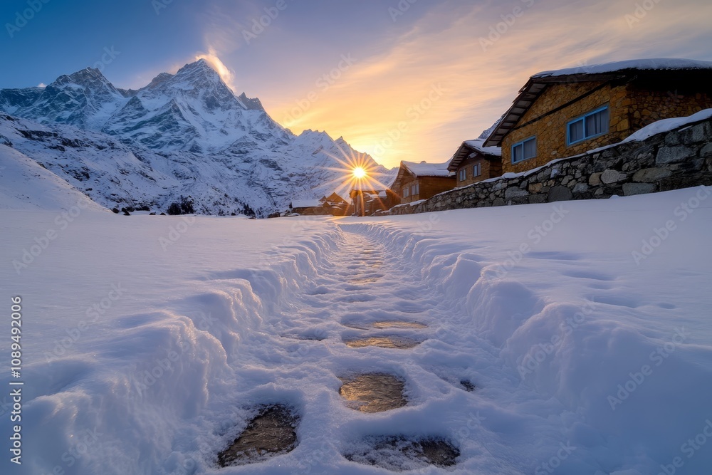 a snowy path leading to a house in the middle of a snowy mountain range, with the sun setting in the background and clouds in the sky The snow on the ground is ill a snowy path leading to a house in the middle of a snowy mountain range, with the sun setting in the background and clouds in the sky The snow on the ground is ill