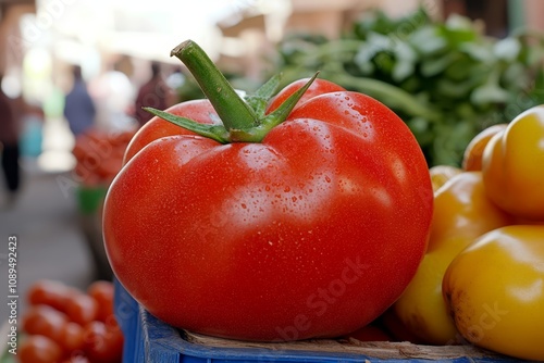  a blue crate filled with lots of different types of tomatoes, including red, yellow, and green In the background, there are a few people and buildings, all of whic photo