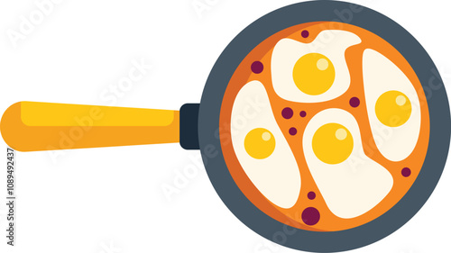 Frying pan containing cooking fried eggs with runny yolks, top view of utensil with breakfast dish on white background