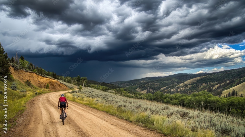 Cyclist Riding on Dirt Road Surrounded by Dramatic Storm Clouds and Lush Green Landscape in Mountainous Region Cyclist Riding on Dirt Road Surrounded by Dramatic Storm Clouds and Lush Green Landscape in Mountainous Region