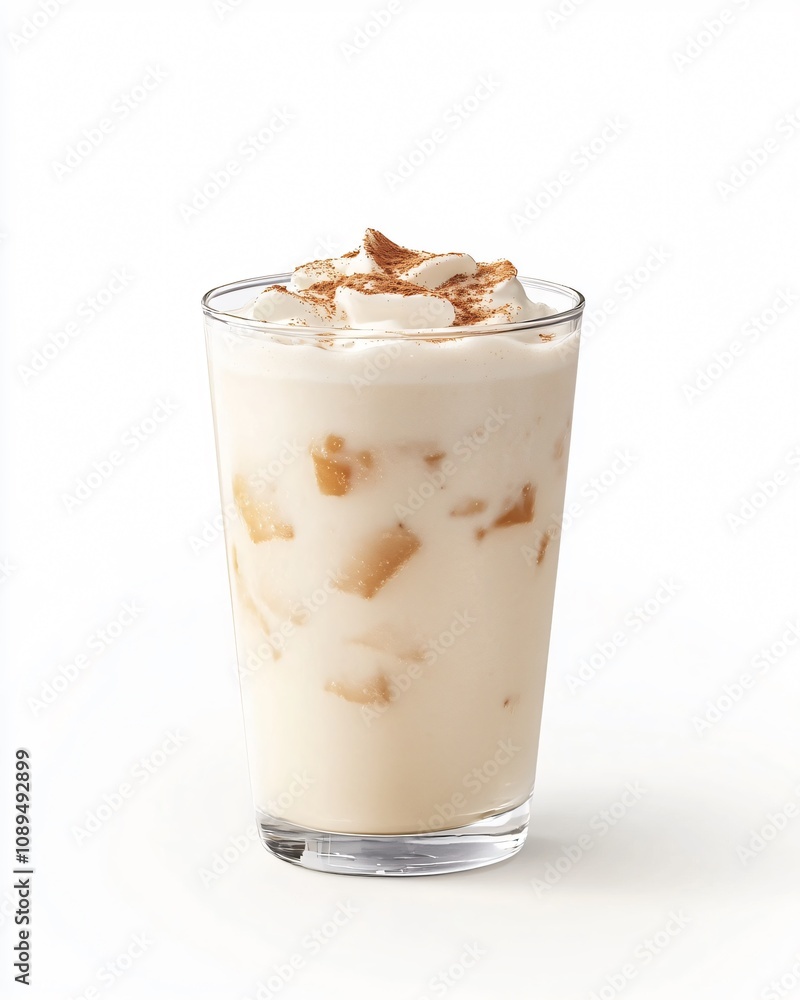 Clear Glass of Horchata with Cinnamon Powder Topping, Isolated on White Background Clear Glass of Horchata with Cinnamon Powder Topping, Isolated on White Background