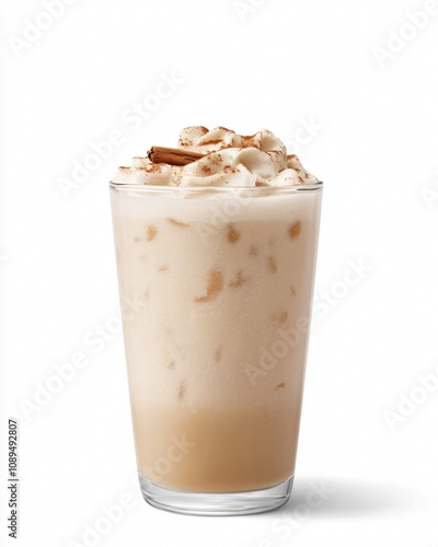 Clear Glass of Horchata with Cinnamon Powder Topping, Isolated on White Background