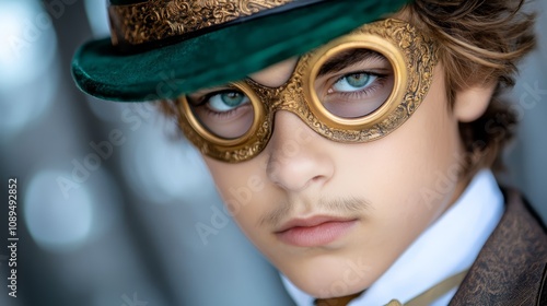  a young man wearing a green hat and goggles, with a blurred background He is wearing a steampunk-style outfit, complete with a top hat and a pair of goggles, givin photo