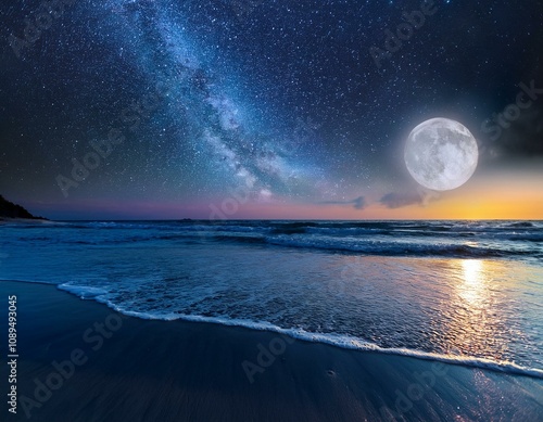 A tranquil beach at night with gentle waves reflecting the moonlight.