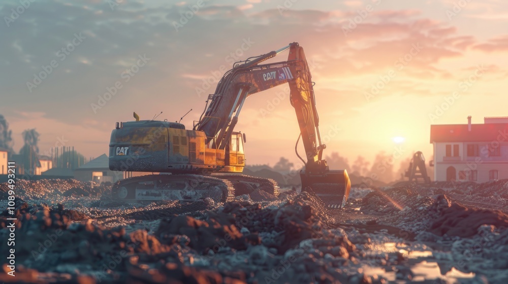 Golden Hour Construction: Excavator at Work on a Building Site Golden Hour Construction: Excavator at Work on a Building Site