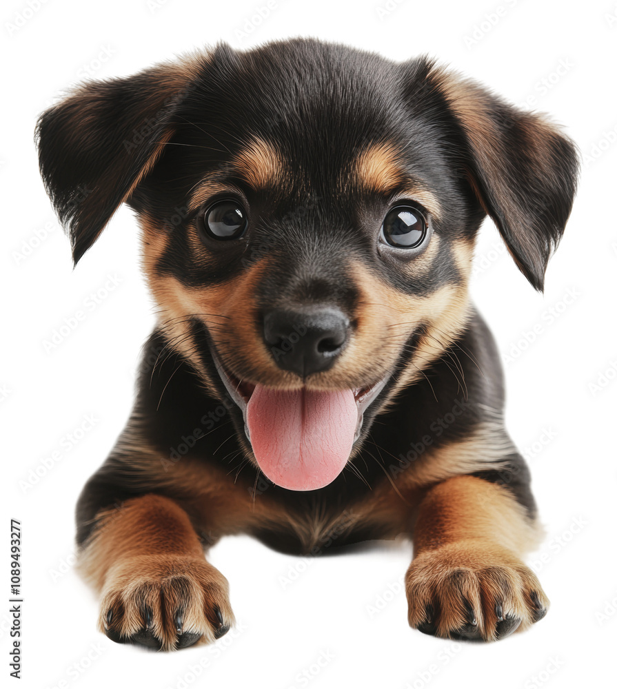 PNG Happy puppy lying down with playful expression PNG Happy puppy lying down with playful expression