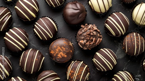 Background filled with various gourmet chocolates in different flavors, including milk and dark chocolate, top view, confectionary or sweet shop poster