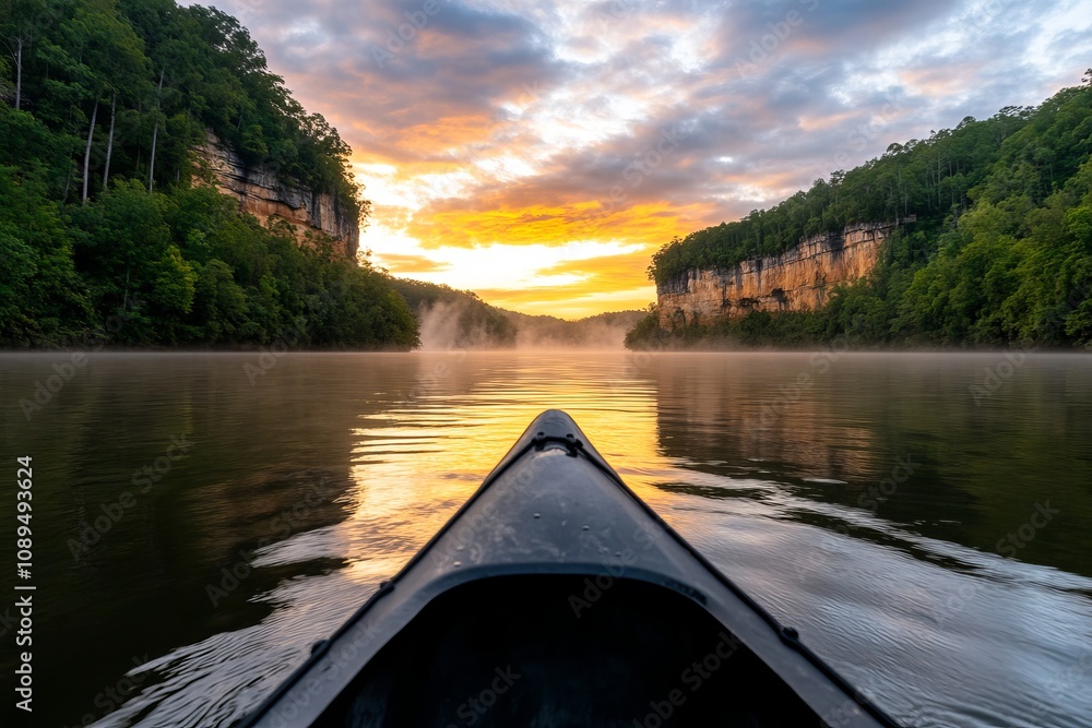 Fototapeta premium a person in a canoe paddling down a river at sunset, surrounded by trees on either side and hills in the background The sky is filled with clouds, creating a peace