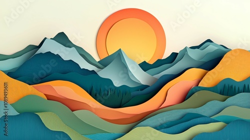Craftsmanship and creativity in paper art. A vibrant, paper-cut style landscape featuring colorful mountains and a large sun, creating a serene and artistic atmosphere.