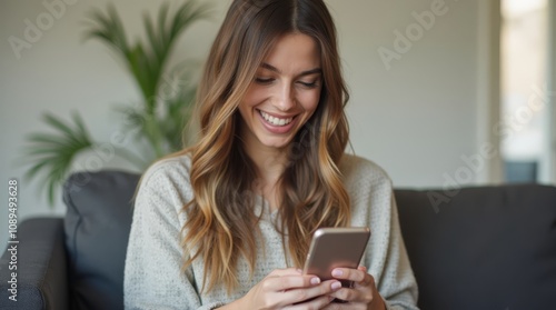 Young girl with a phone in her hands and a smile on her face.