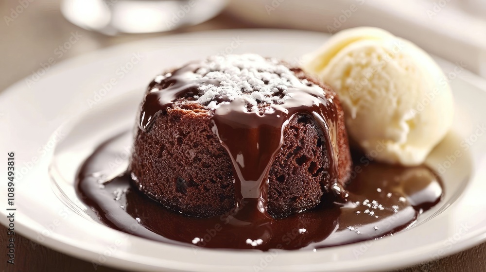 Decadent Chocolate Lava Cake with a Drizzle of Warm Chocolate Sauce and a Scoop of Vanilla Ice Cream on a White Plate Decadent Chocolate Lava Cake with a Drizzle of Warm Chocolate Sauce and a Scoop of Vanilla Ice Cream on a White Plate