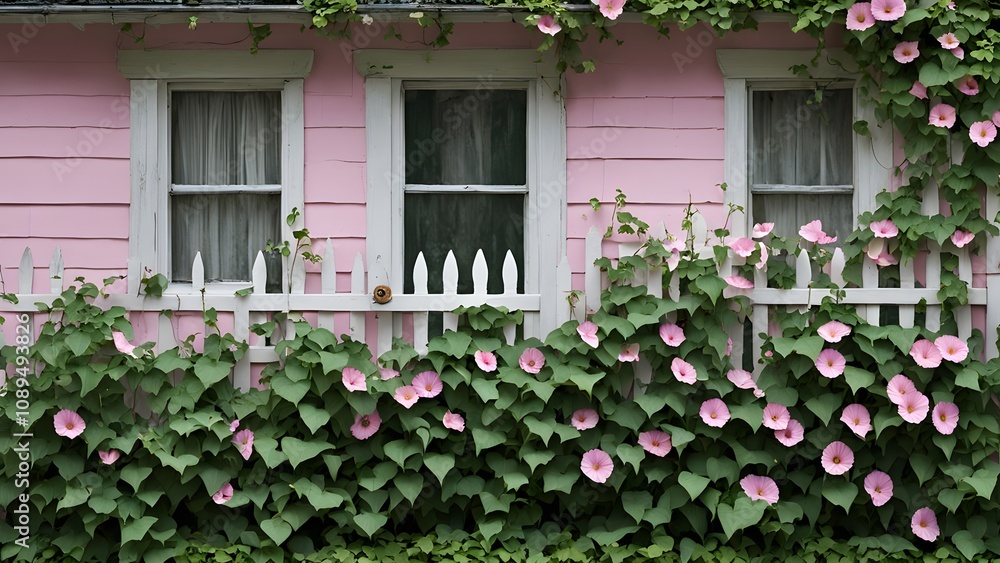 Naklejka premium A lattice fence painted pastel pink covered in morning glory vines set against a cozy cottage, Ai Generated